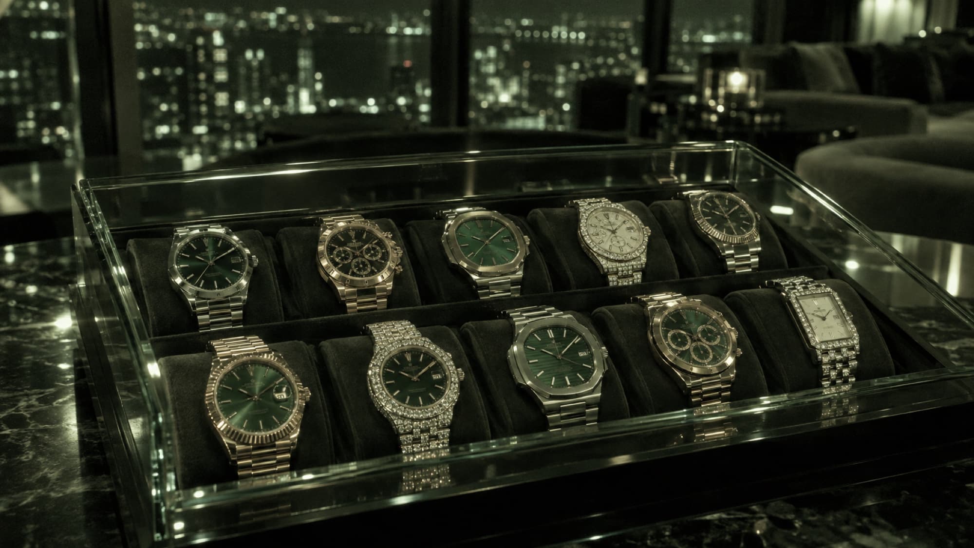 Glass case of emerald-dial watches above a city at night